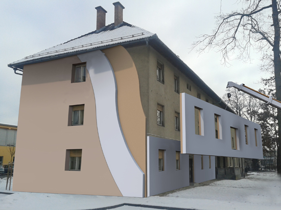 Oblaganje stambenog objekta prefabrikovanim drvenim CLT elementima (fotografija kombinovana sa skicom: dr Bruno Dujič, CBD gradbeno in poslovno projektiranje d.o.)